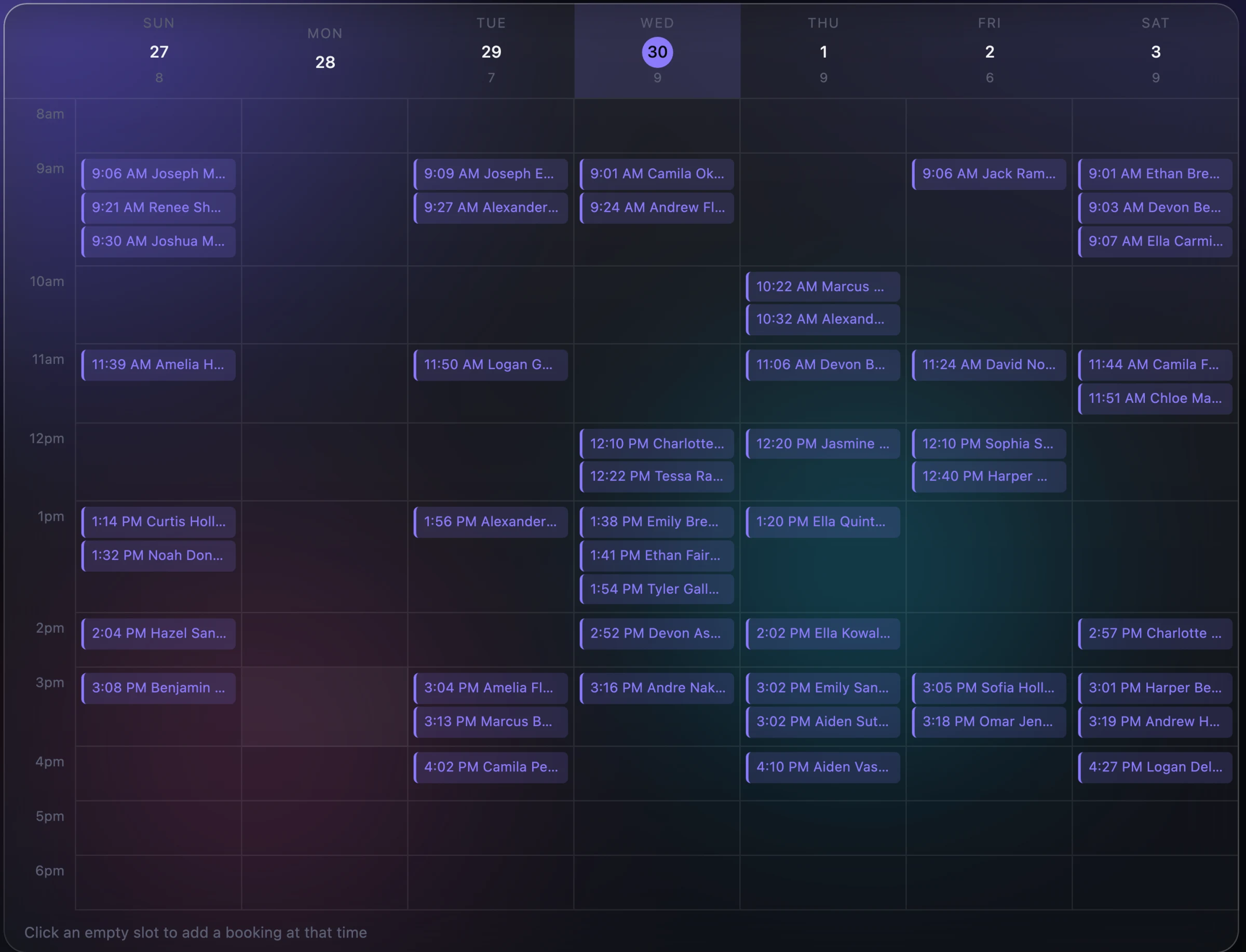 The RingPost calendar with a week of bookings