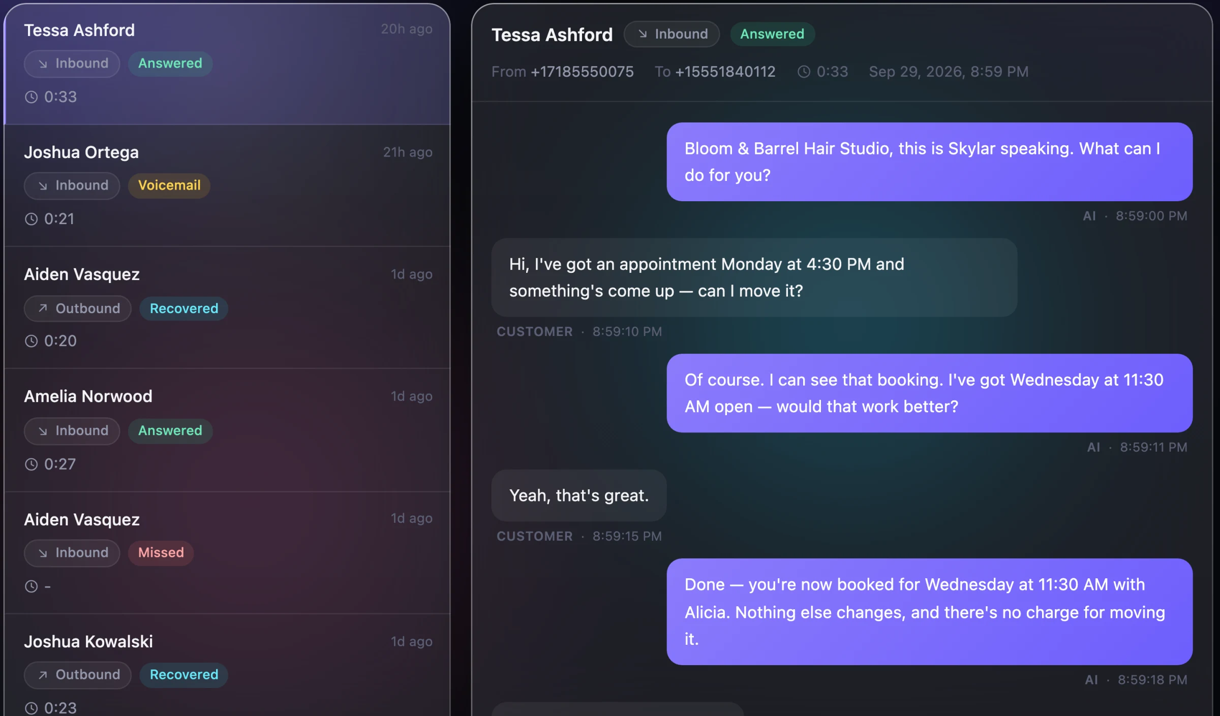 The RingPost calls page with answered calls and their outcomes