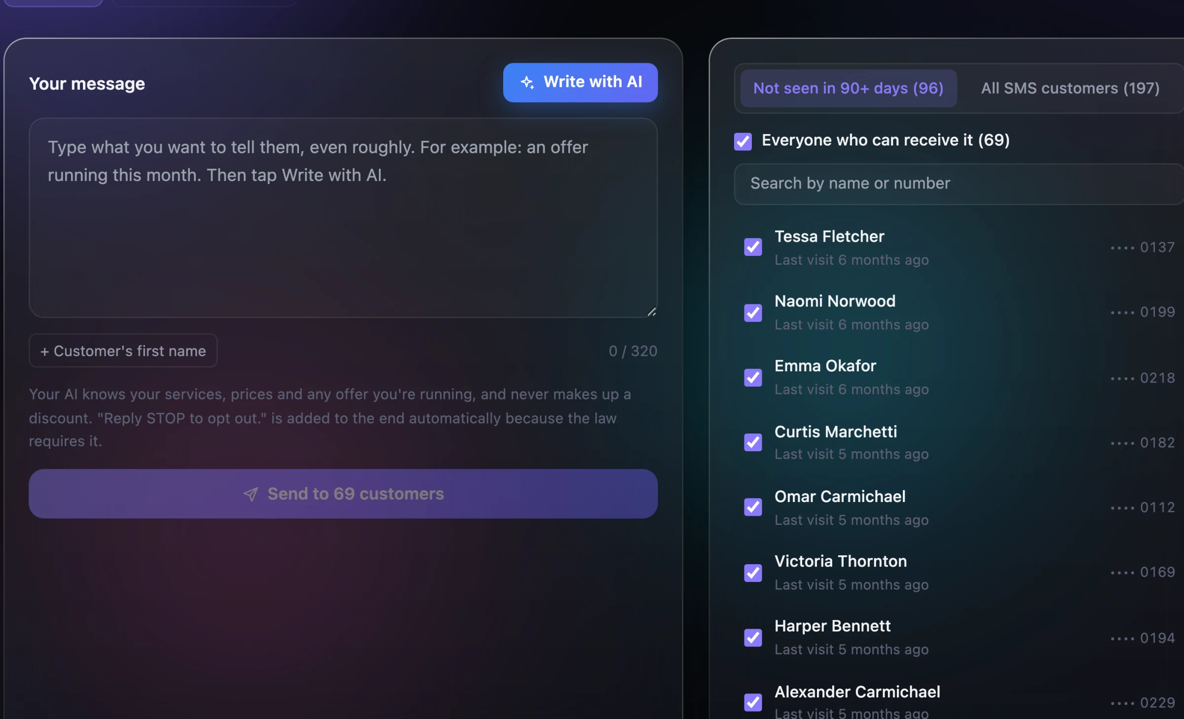 Choosing customers for a win-back text in RingPost